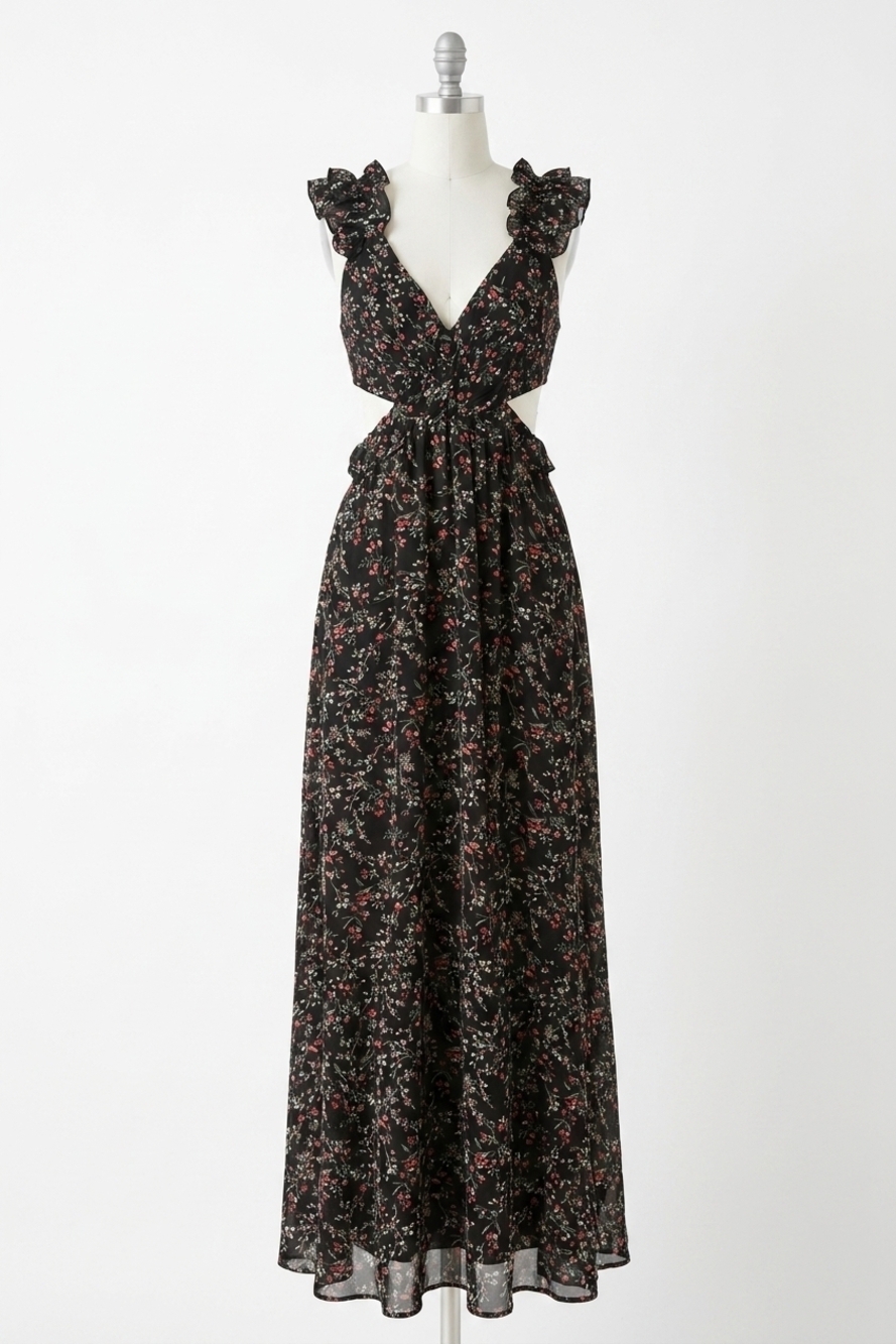 NEW FATE floral cutout ruffle strap maxi dress in black multi